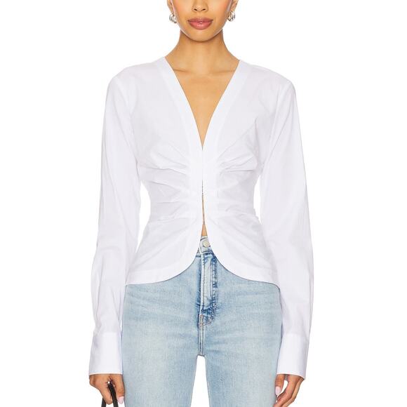 Good American Tops - Good American Sleek White Poplin Ruched V-Neck Shirt Size M